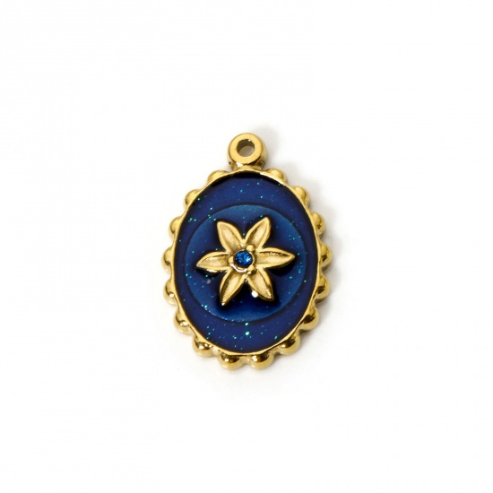 Picture of 1 Piece Eco-friendly PVD Vacuum Plating 304 Stainless Steel Flora Collection Charms 14K Real Gold Plated Dark Blue Oval Flower Enamel Clear Rhinestone 21mm x 15mm