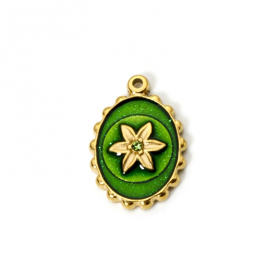 Picture of 1 Piece Eco-friendly PVD Vacuum Plating 304 Stainless Steel Flora Collection Charms 14K Real Gold Plated Green Oval Flower Enamel Clear Rhinestone 21mm x 15mm