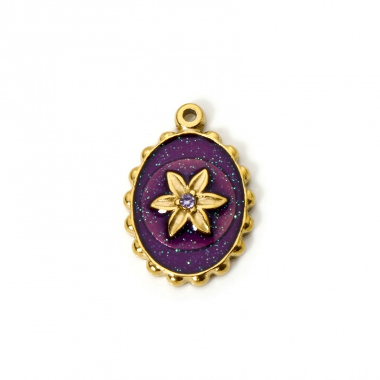 Picture of 1 Piece Eco-friendly PVD Vacuum Plating 304 Stainless Steel Flora Collection Charms 14K Real Gold Plated Purple Oval Flower Enamel Clear Rhinestone 21mm x 15mm