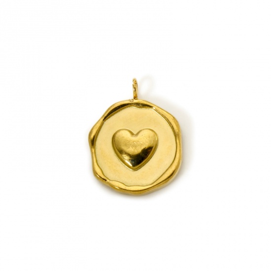 Immagine di 2 Pz Placcatura Sottovuoto PVD Ecologica 304 Acciaio Inossidabile San Valentino Ciondoli Tondo 18K Vero Oro Placcato Cuore 16mm x 13mm