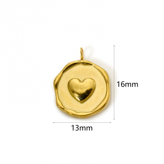 Immagine di 2 Pz Placcatura Sottovuoto PVD Ecologica 304 Acciaio Inossidabile San Valentino Ciondoli Tondo 18K Vero Oro Placcato Cuore 16mm x 13mm