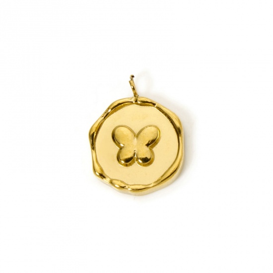 Immagine di 2 Pz Placcatura Sottovuoto PVD Ecologica 304 Acciaio Inossidabile Insetto Ciondoli Tondo 18K Vero Oro Placcato Farfalla 16mm x 13mm