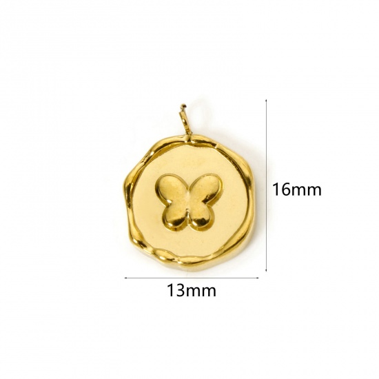Immagine di 2 Pz Placcatura Sottovuoto PVD Ecologica 304 Acciaio Inossidabile Insetto Ciondoli Tondo 18K Vero Oro Placcato Farfalla 16mm x 13mm