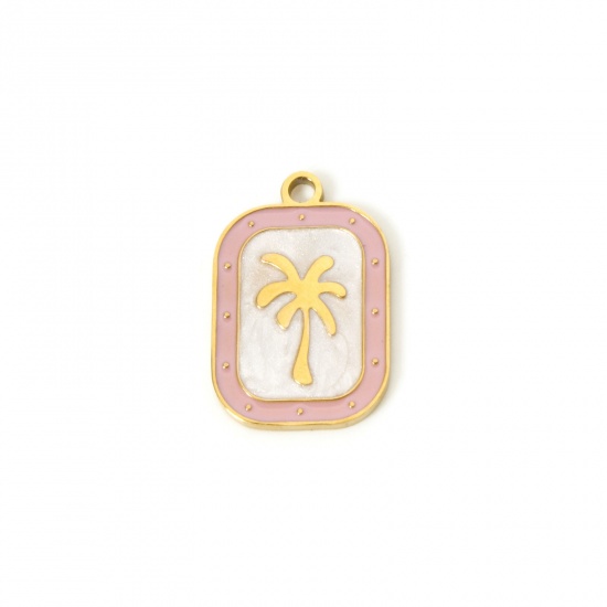 Picture of 2 PCs Eco-friendly PVD Vacuum Plating 304 Stainless Steel Flora Collection Charms 18K Real Gold Plated Pink Rectangle Coconut Palm Tree Enamel 20mm x 13mm