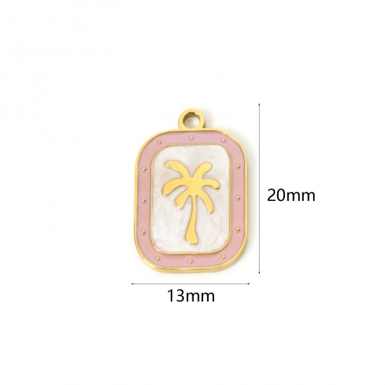 Picture of 2 PCs Eco-friendly PVD Vacuum Plating 304 Stainless Steel Flora Collection Charms 18K Real Gold Plated Pink Rectangle Coconut Palm Tree Enamel 20mm x 13mm