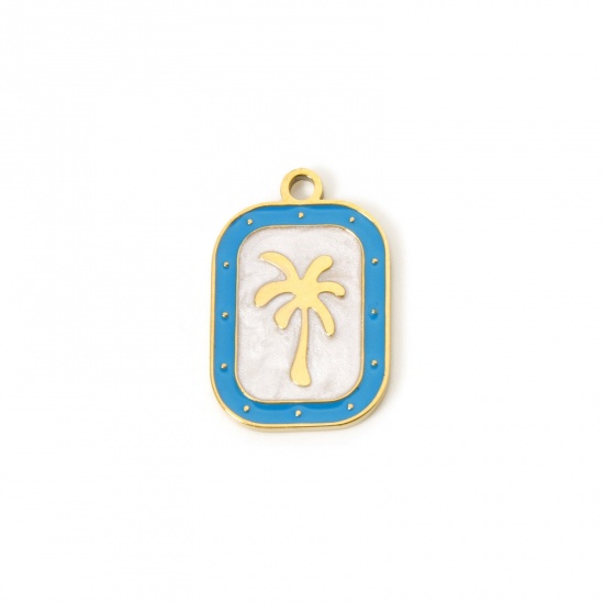 Picture of 2 PCs Eco-friendly PVD Vacuum Plating 304 Stainless Steel Flora Collection Charms 18K Real Gold Plated Blue Rectangle Coconut Palm Tree Enamel 20mm x 13mm