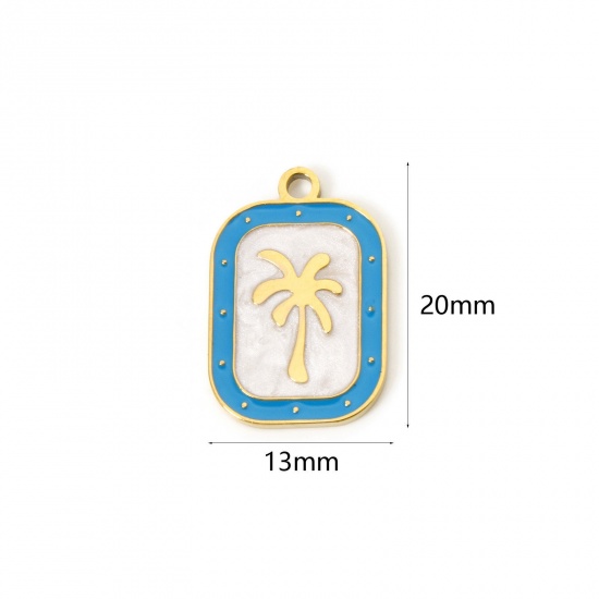 Picture of 2 PCs Eco-friendly PVD Vacuum Plating 304 Stainless Steel Flora Collection Charms 18K Real Gold Plated Blue Rectangle Coconut Palm Tree Enamel 20mm x 13mm