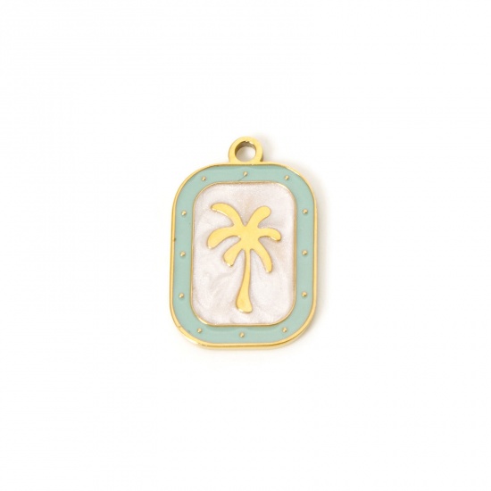 Picture of 2 PCs Eco-friendly PVD Vacuum Plating 304 Stainless Steel Flora Collection Charms 18K Real Gold Plated Green Rectangle Coconut Palm Tree Enamel 20mm x 13mm