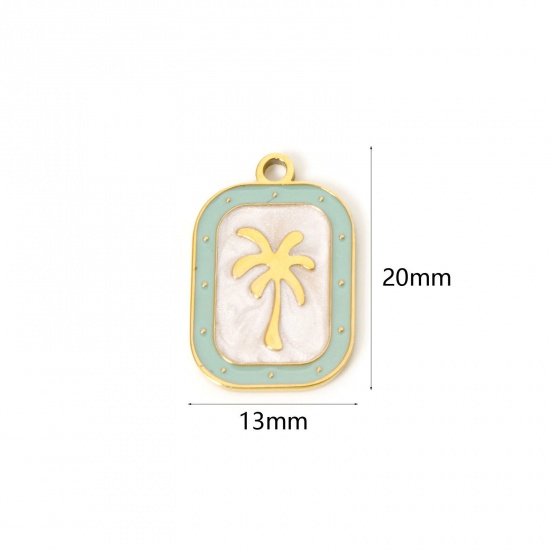 Picture of 2 PCs Eco-friendly PVD Vacuum Plating 304 Stainless Steel Flora Collection Charms 18K Real Gold Plated Green Rectangle Coconut Palm Tree Enamel 20mm x 13mm