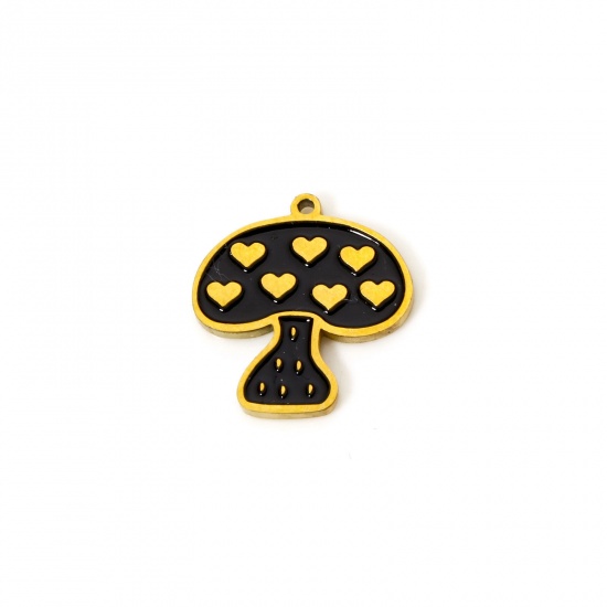 Picture of 2 PCs Eco-friendly PVD Vacuum Plating 304 Stainless Steel Charms 18K Real Gold Plated Black Mushroom Enamel 13mm x 12.5mm