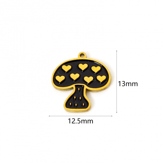 Picture of 2 PCs Eco-friendly PVD Vacuum Plating 304 Stainless Steel Charms 18K Real Gold Plated Black Mushroom Enamel 13mm x 12.5mm