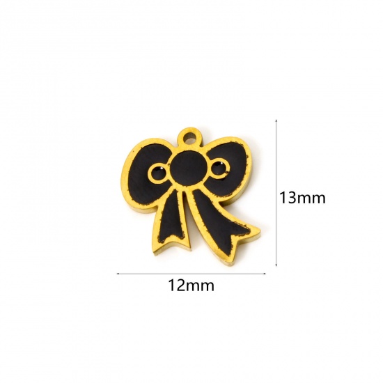 Picture of 2 PCs Eco-friendly PVD Vacuum Plating 304 Stainless Steel Charms 18K Real Gold Plated Black Bowknot Enamel 13mm x 12mm