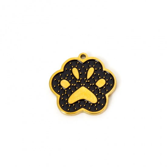 Picture of 2 PCs Eco-friendly PVD Vacuum Plating 304 Stainless Steel Charms 18K Real Gold Plated Black Dog Paw Claw Enamel 15mm x 15mm