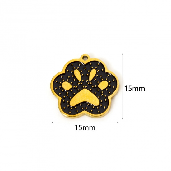 Picture of 2 PCs Eco-friendly PVD Vacuum Plating 304 Stainless Steel Charms 18K Real Gold Plated Black Dog Paw Claw Enamel 15mm x 15mm