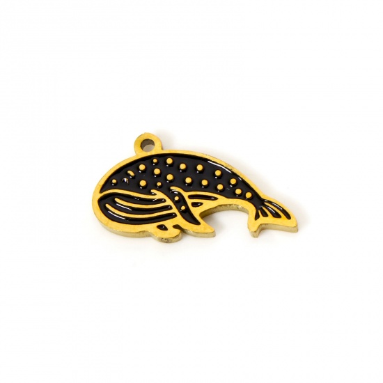 Picture of 2 PCs Eco-friendly PVD Vacuum Plating 304 Stainless Steel Charms 18K Real Gold Plated Black Whale Animal Enamel 17mm x 9mm