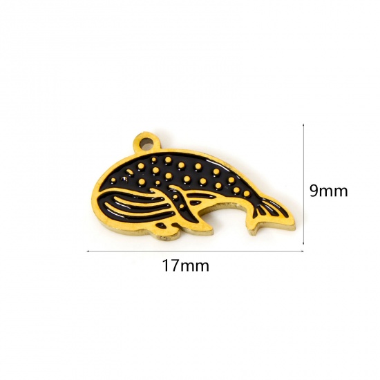 Picture of 2 PCs Eco-friendly PVD Vacuum Plating 304 Stainless Steel Charms 18K Real Gold Plated Black Whale Animal Enamel 17mm x 9mm