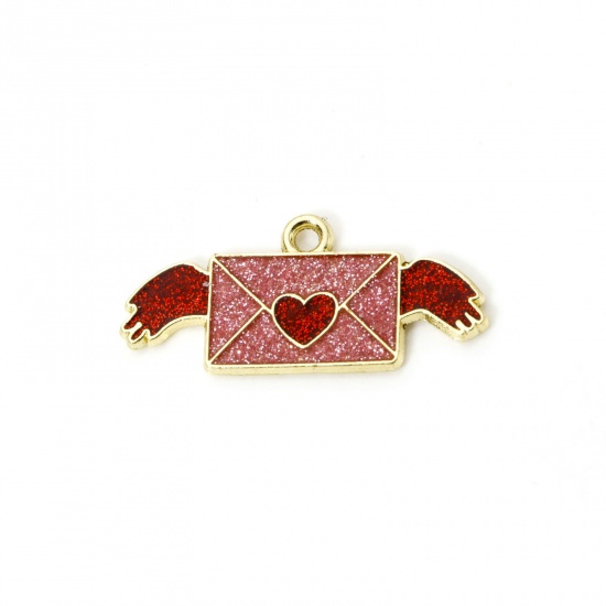 Imagen de 20 PCs Zinc Based Alloy Valentine's Day Charms Gold Plated Red & Pink Envelope Wing Enamel 29mm x 13mm