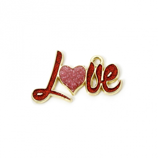 Imagen de 20 PCs Zinc Based Alloy Valentine's Day Charms Gold Plated Red & Pink Heart Message " LOVE " Enamel 27mm x 17mm