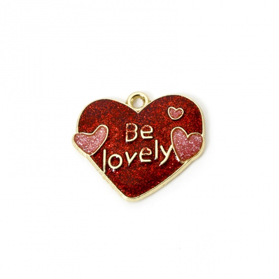 Imagen de 20 PCs Zinc Based Alloy Valentine's Day Charms Gold Plated Red & Pink Heart Enamel 23mm x 20mm