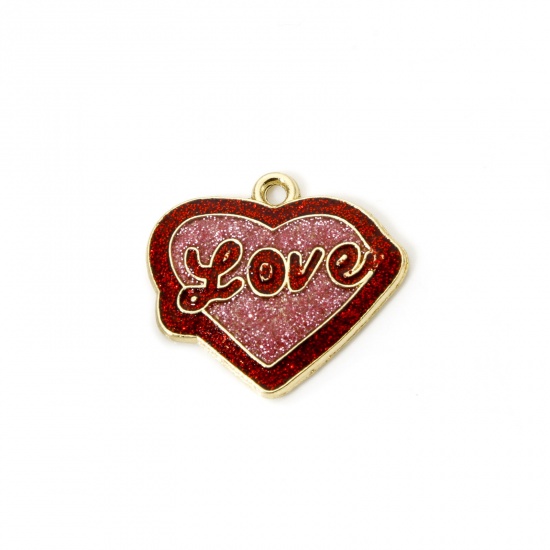 Imagen de 20 PCs Zinc Based Alloy Valentine's Day Charms Gold Plated Red & Pink Heart Message " LOVE " Enamel 23mm x 21mm