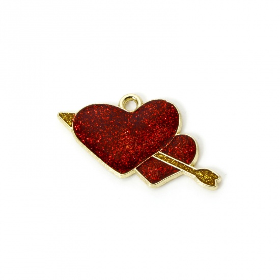 Imagen de 20 PCs Zinc Based Alloy Valentine's Day Charms Gold Plated Red Heart Arrow Enamel 27mm x 18mm