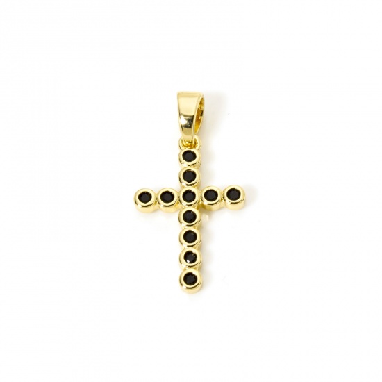 Immagine di 1 Pz Ecologico Ottone Religione Ciondoli Pendenti Croce 18K Vero Oro Placcato Nero Cubic Zirconiae 28.5mm x 15mm