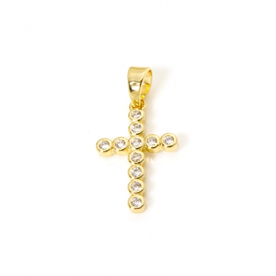 Immagine di 1 Pz Ecologico Ottone Religione Ciondoli Pendenti Croce 18K Vero Oro Placcato Trasparente Cubic Zirconiae 28.5mm x 15mm