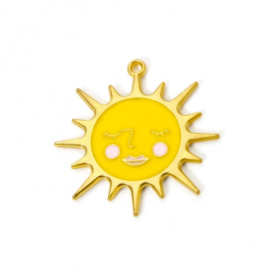 Picture of 5 PCs Zinc Based Alloy Galaxy Pendants Matt Gold Yellow Sun Sun Face Enamel 3.8cm x 3.8cm