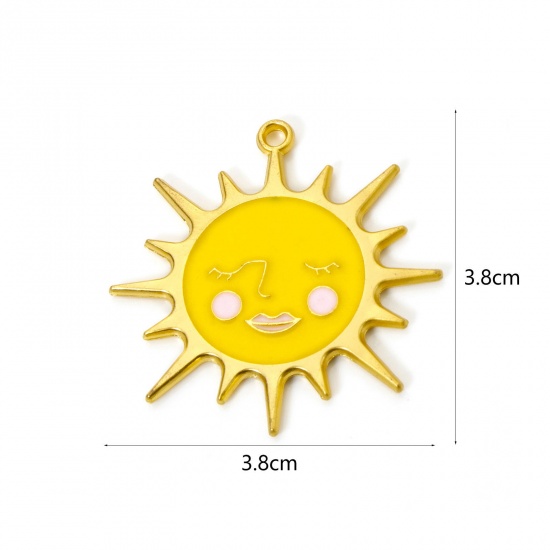 Picture of 5 PCs Zinc Based Alloy Galaxy Pendants Matt Gold Yellow Sun Sun Face Enamel 3.8cm x 3.8cm