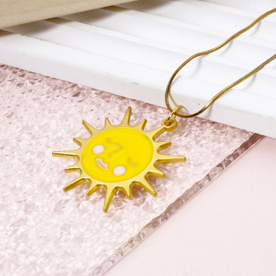 Picture of 5 PCs Zinc Based Alloy Galaxy Pendants Matt Gold Yellow Sun Sun Face Enamel 3.8cm x 3.8cm