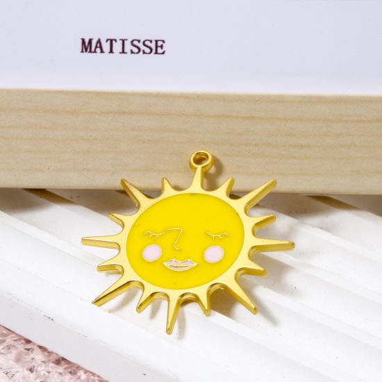 Picture of 5 PCs Zinc Based Alloy Galaxy Pendants Matt Gold Yellow Sun Sun Face Enamel 3.8cm x 3.8cm