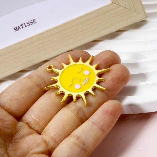 Picture of 5 PCs Zinc Based Alloy Galaxy Pendants Matt Gold Yellow Sun Sun Face Enamel 3.8cm x 3.8cm