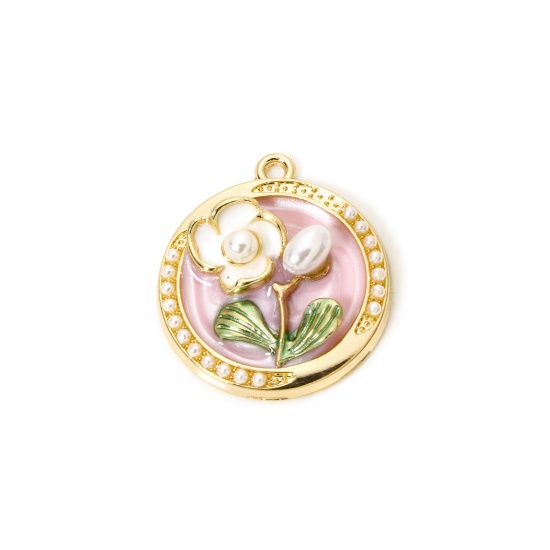 5 PCs Zinc Based Alloy Oil Painting Style Charms Gold Plated Pink Round Flower Enamel 28mm x 24.5mm の画像