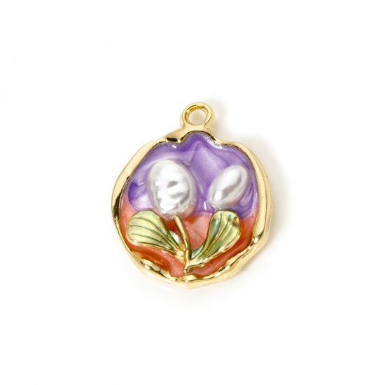 5 PCs Zinc Based Alloy Oil Painting Style Charms Gold Plated Purple & Orange Irregular Flower Enamel 24mm x 19mm の画像