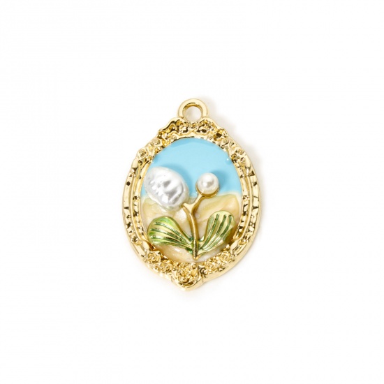 5 PCs Zinc Based Alloy Oil Painting Style Charms Gold Plated Yellow & Blue Oval Flower Enamel 3.1cm x 2.1cm の画像