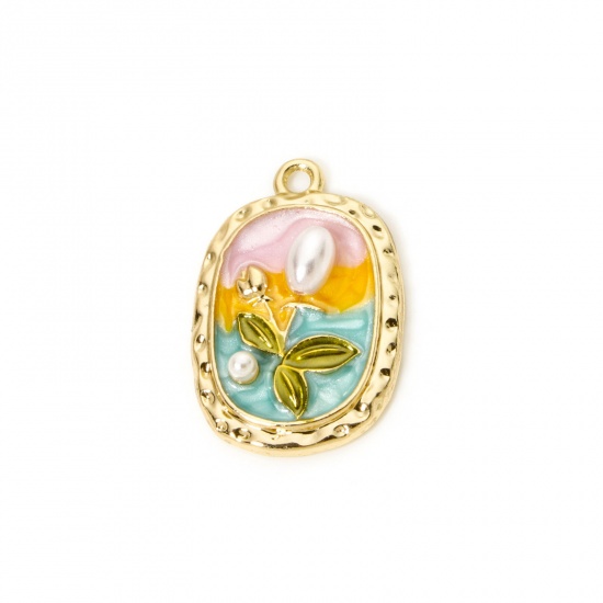 5 PCs Zinc Based Alloy Oil Painting Style Charms Gold Plated Multicolor Oval Flower Enamel 26.6mm x 17mm の画像