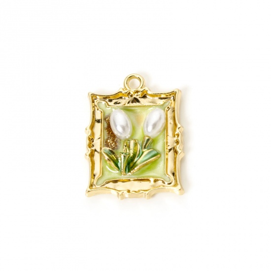 5 PCs Zinc Based Alloy Oil Painting Style Charms Gold Plated Green Flower Enamel 26mm x 19mm の画像