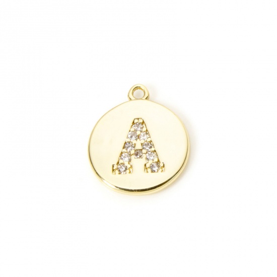 Immagine di 2 Pz Ottone Ciondoli Tondo Placcato Oro 18K Lettera Maiuscola Lettere " A " Micro Spianare Trasparente Cubic Zirconiae 12mm x 10mm
