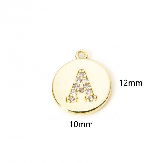Immagine di 2 Pz Ottone Ciondoli Tondo Placcato Oro 18K Lettera Maiuscola Lettere " A " Micro Spianare Trasparente Cubic Zirconiae 12mm x 10mm
