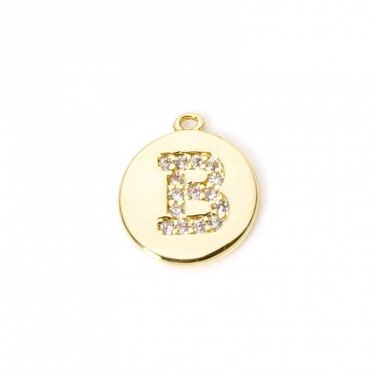 Immagine di 2 Pz Ottone Ciondoli Tondo Placcato Oro 18K Lettera Maiuscola Lettere " B " Micro Spianare Trasparente Cubic Zirconiae 12mm x 10mm