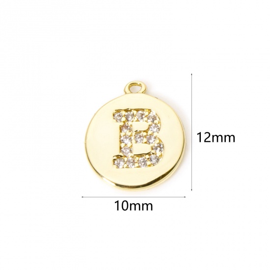 Immagine di 2 Pz Ottone Ciondoli Tondo Placcato Oro 18K Lettera Maiuscola Lettere " B " Micro Spianare Trasparente Cubic Zirconiae 12mm x 10mm