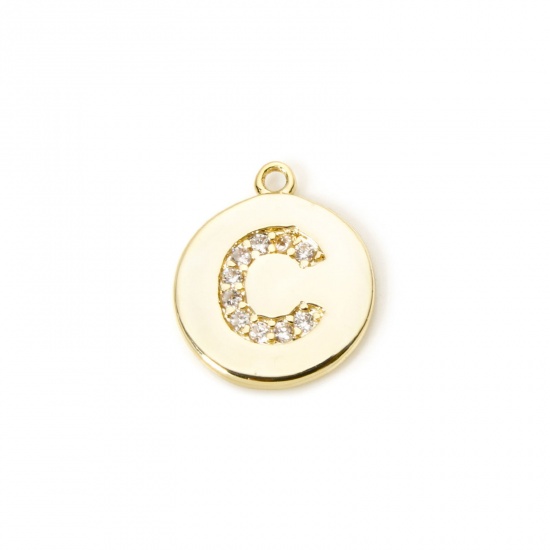 Immagine di 2 Pz Ottone Ciondoli Tondo Placcato Oro 18K Lettera Maiuscola Lettere " C " Micro Spianare Trasparente Cubic Zirconiae 12mm x 10mm
