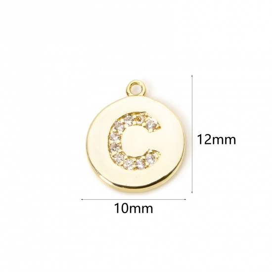 Immagine di 2 Pz Ottone Ciondoli Tondo Placcato Oro 18K Lettera Maiuscola Lettere " C " Micro Spianare Trasparente Cubic Zirconiae 12mm x 10mm
