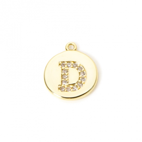Immagine di 2 Pz Ottone Ciondoli Tondo Placcato Oro 18K Lettera Maiuscola Lettere " D " Micro Spianare Trasparente Cubic Zirconiae 12mm x 10mm
