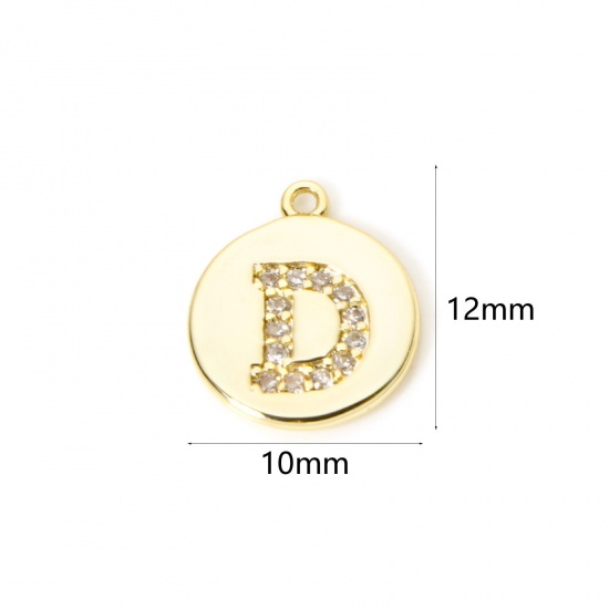 Immagine di 2 Pz Ottone Ciondoli Tondo Placcato Oro 18K Lettera Maiuscola Lettere " D " Micro Spianare Trasparente Cubic Zirconiae 12mm x 10mm