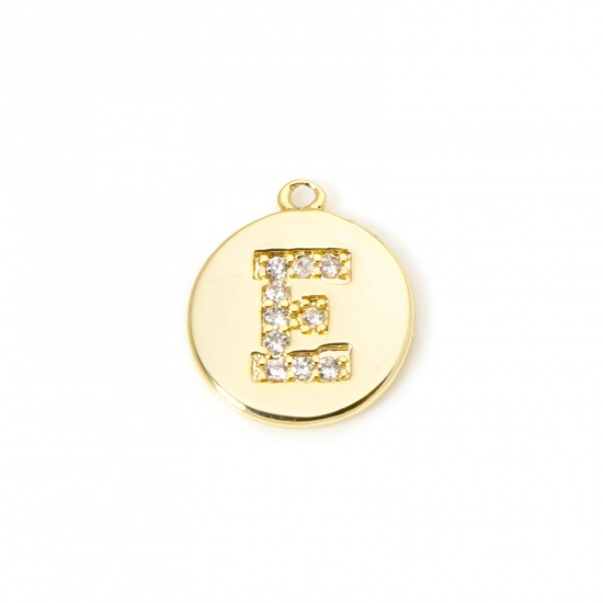 Immagine di 2 Pz Ottone Ciondoli Tondo Placcato Oro 18K Lettera Maiuscola Lettere " E " Micro Spianare Trasparente Cubic Zirconiae 12mm x 10mm