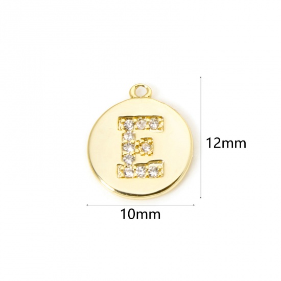 Immagine di 2 Pz Ottone Ciondoli Tondo Placcato Oro 18K Lettera Maiuscola Lettere " E " Micro Spianare Trasparente Cubic Zirconiae 12mm x 10mm