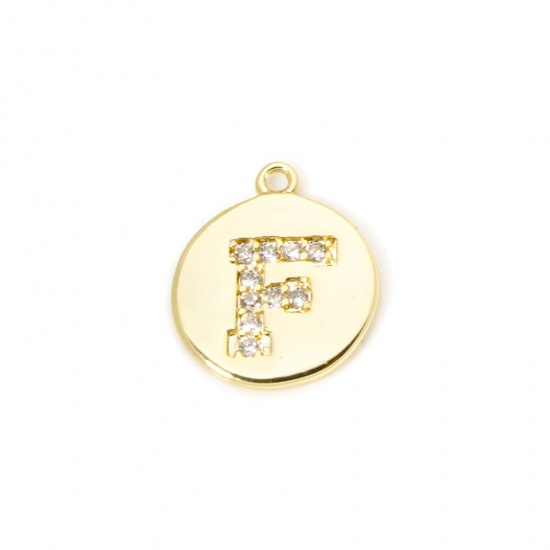 Immagine di 2 Pz Ottone Ciondoli Tondo Placcato Oro 18K Lettera Maiuscola Lettere " F " Micro Spianare Trasparente Cubic Zirconiae 12mm x 10mm