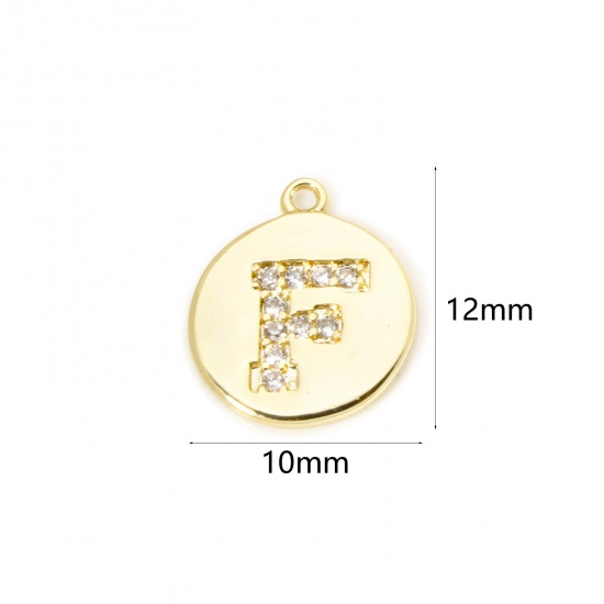 Immagine di 2 Pz Ottone Ciondoli Tondo Placcato Oro 18K Lettera Maiuscola Lettere " F " Micro Spianare Trasparente Cubic Zirconiae 12mm x 10mm