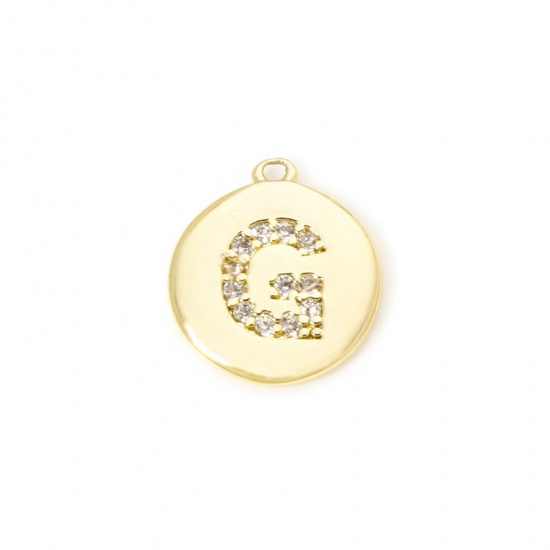 Immagine di 2 Pz Ottone Ciondoli Tondo Placcato Oro 18K Lettera Maiuscola Lettere " G " Micro Spianare Trasparente Cubic Zirconiae 12mm x 10mm